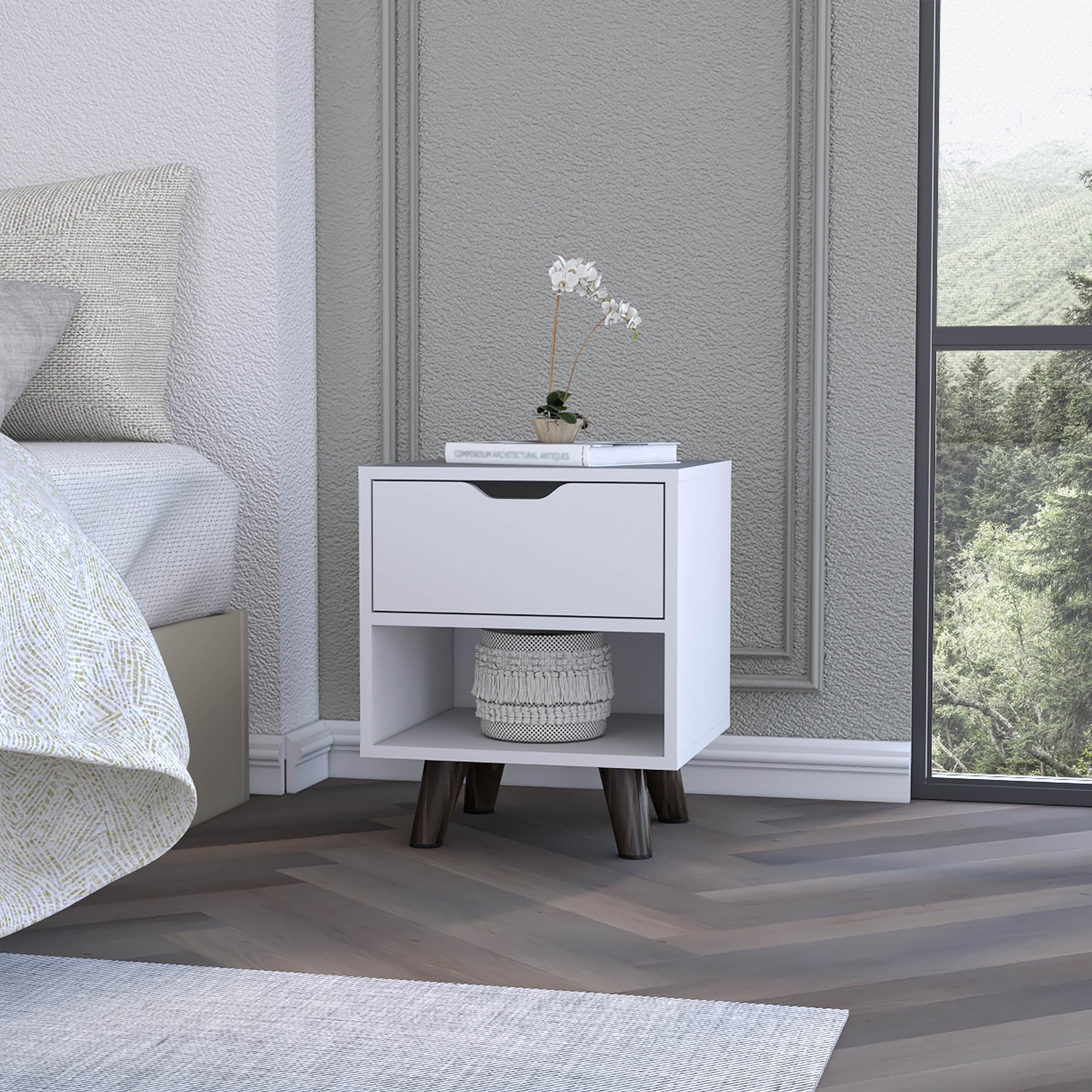 Modern Nightstand 19" H With Spacious Drawer, Open Storage Shelf And Chic Wooden Legs, White